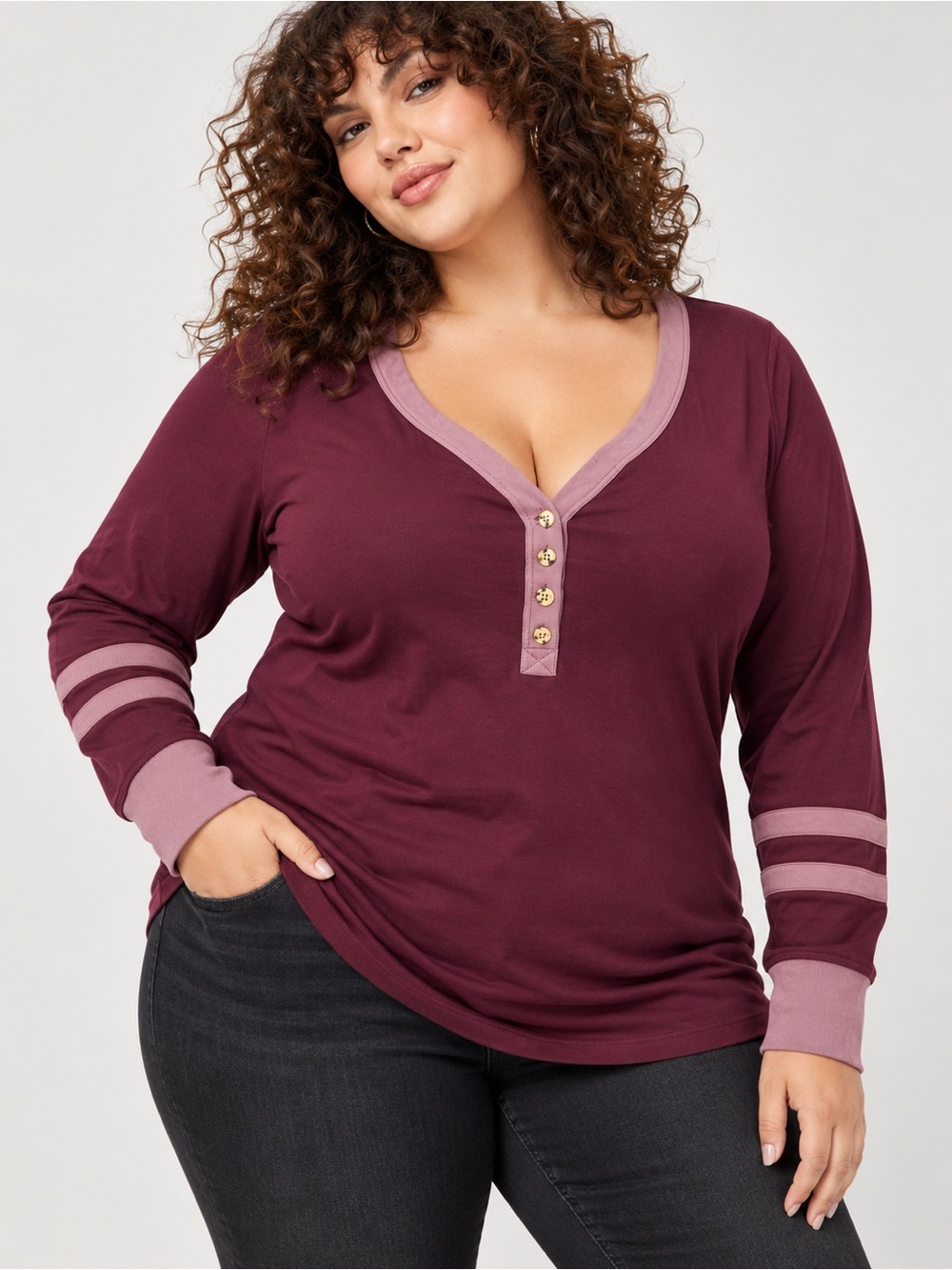 Torrid Henley Top Womens 3X Burgundy Wine Mauve Trim Ribbed Long Sleeve